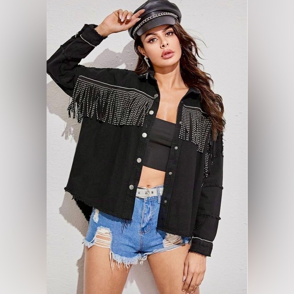 New! NWOT Casual Frayed Black Denim Jacket Studded Fringe